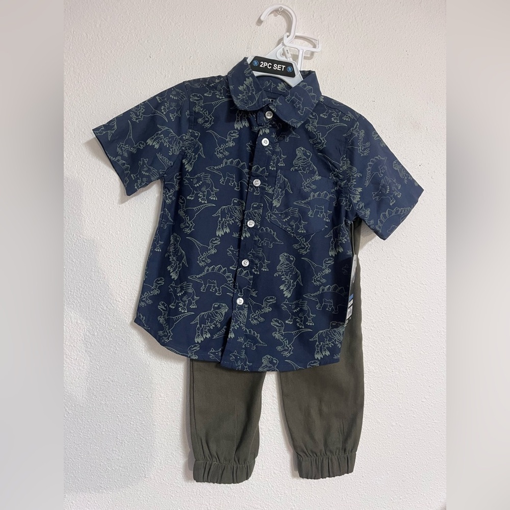 Kids Dinosaur Print Shirt Pant Set - Navy
